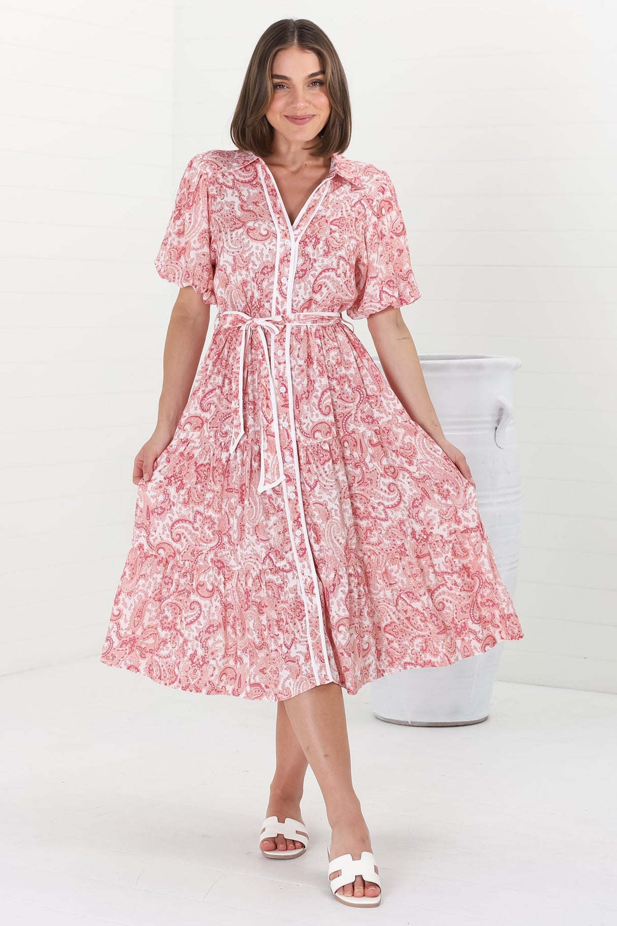 Olisa Midi Dress - Button-Down Contrast Piping Smock Dress with Matching Belt in Henrietta Print Pink