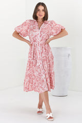 Olisa Midi Dress - Button-Down Contrast Piping Smock Dress with Matching Belt in Henrietta Print Pink