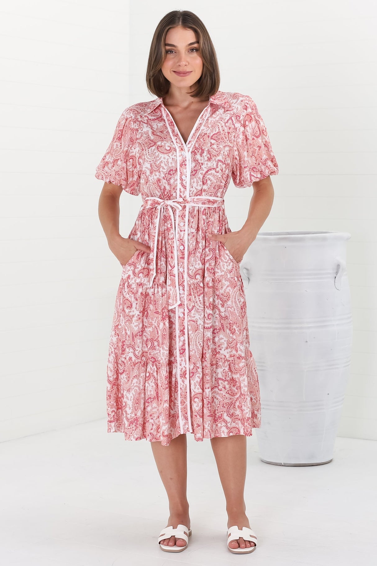 Olisa Midi Dress - Button-Down Contrast Piping Smock Dress with Matching Belt in Henrietta Print Pink