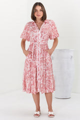 Olisa Midi Dress - Button-Down Contrast Piping Smock Dress with Matching Belt in Henrietta Print Pink