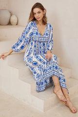 Olitta Midi Dress - 3/4 Sleeve Shift Dress with Double Neck Tie in Kahula Print