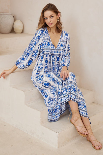 Olitta Midi Dress - 3/4 Sleeve Shift Dress with Double Neck Tie in Kahula Print