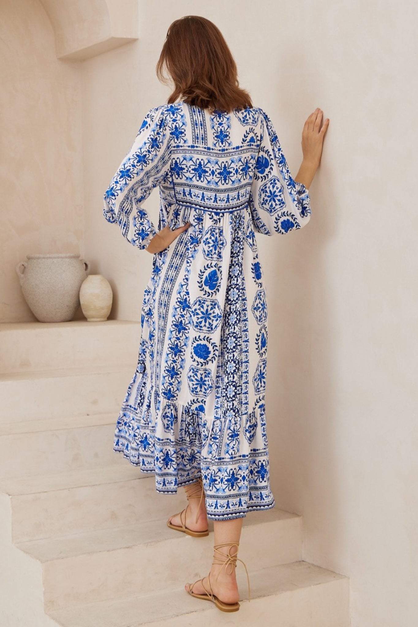 Olitta Midi Dress - 3/4 Sleeve Shift Dress with Double Neck Tie in Kahula Print