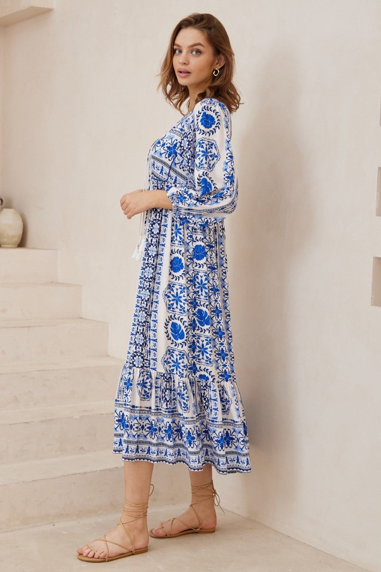 Olitta Midi Dress - 3/4 Sleeve Shift Dress with Double Neck Tie in Kahula Print