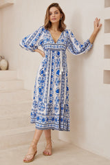 Olitta Midi Dress - 3/4 Sleeve Shift Dress with Double Neck Tie in Kahula Print