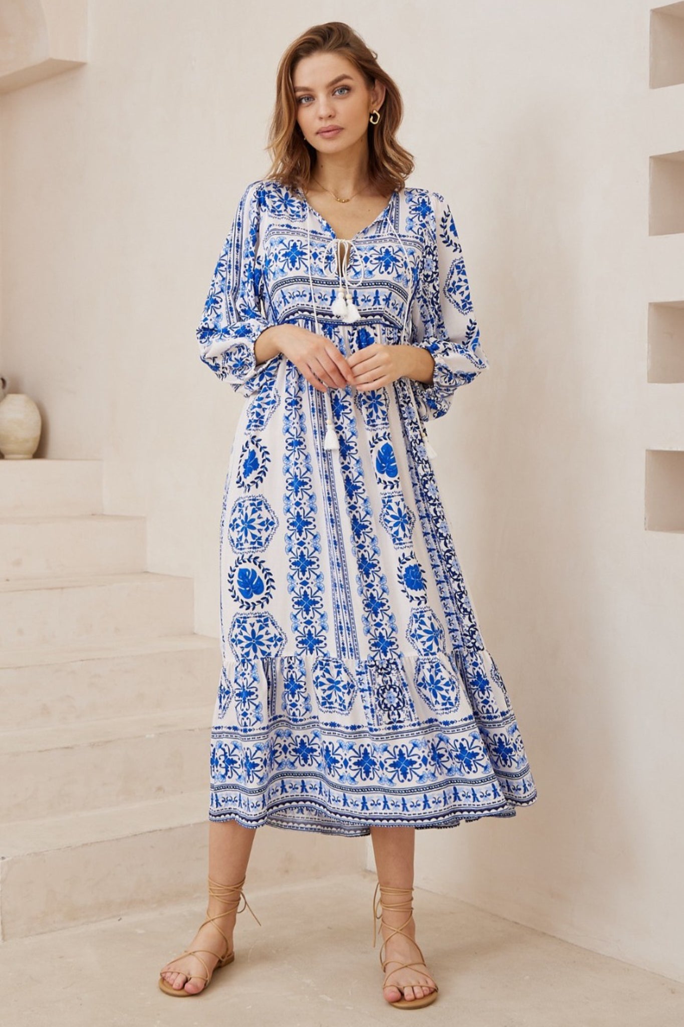 Olitta Midi Dress - 3/4 Sleeve Shift Dress with Double Neck Tie in Kahula Print