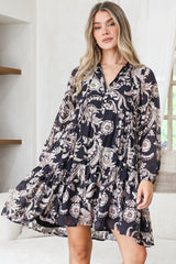 Olivia Mini Dress - Mandarin Collar Tiered Smock Dress with Long Sleeves in Pim Print Black