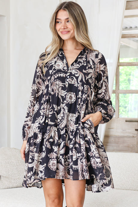 Olivia Mini Dress - Mandarin Collar Tiered Smock Dress with Long Sleeves in Pim Print Black