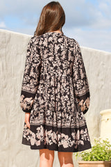 Olivia Mini Dress - Mandarin Collar Tiered Smock Dress with Long Sleeves in Villa Print