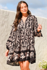 Olivia Mini Dress - Mandarin Collar Tiered Smock Dress with Long Sleeves in Villa Print