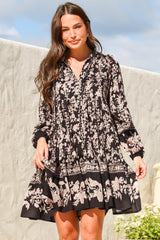 Olivia Mini Dress - Mandarin Collar Tiered Smock Dress with Long Sleeves in Villa Print