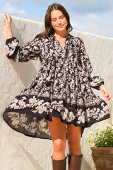 Olivia Mini Dress - Mandarin Collar Tiered Smock Dress with Long Sleeves in Villa Print