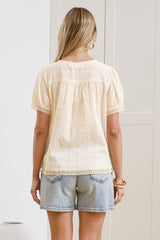 Olivine Top - V Neck Button Down with Short Sleeves and Lace Trims in Cream