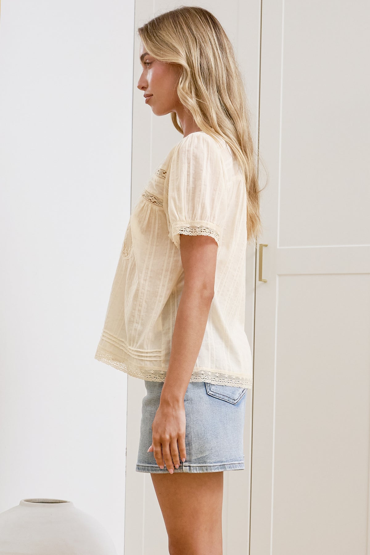 Olivine Top - V Neck Button Down with Short Sleeves and Lace Trims in Cream