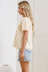 Olivine Top - V Neck Button Down with Short Sleeves and Lace Trims in Cream
