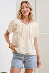 Olivine Top - V Neck Button Down with Short Sleeves and Lace Trims in Cream