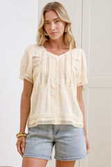 Olivine Top - V Neck Button Down with Short Sleeves and Lace Trims in Cream