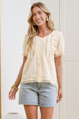 Olivine Top - V Neck Button Down with Short Sleeves and Lace Trims in Cream