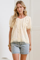 Olivine Top - V Neck Button Down with Short Sleeves and Lace Trims in Cream