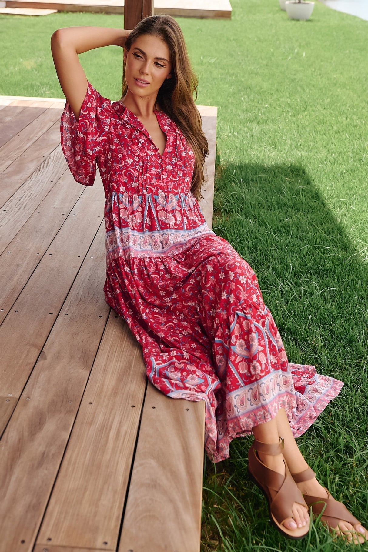 JAASE - Olli Maxi Dress: V Neck Tiered Smock Dress with Short Sleeves in Ruby Rouge Print