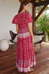 JAASE - Olli Maxi Dress: V Neck Tiered Smock Dress with Short Sleeves in Ruby Rouge Print