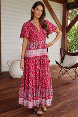 JAASE - Olli Maxi Dress: V Neck Tiered Smock Dress with Short Sleeves in Ruby Rouge Print