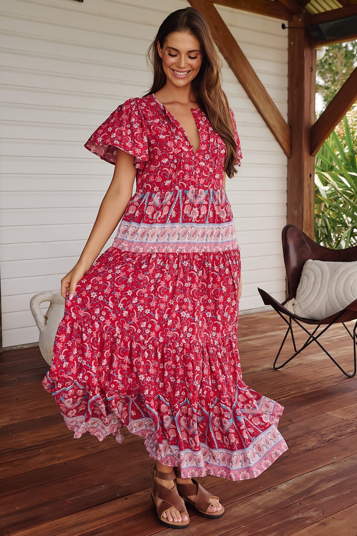 JAASE - Olli Maxi Dress: V Neck Tiered Smock Dress with Short Sleeves in Ruby Rouge Print