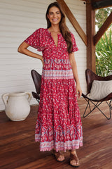 JAASE - Olli Maxi Dress: V Neck Tiered Smock Dress with Short Sleeves in Ruby Rouge Print