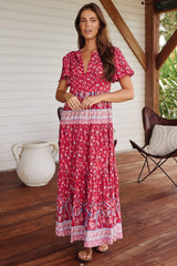 JAASE - Olli Maxi Dress: V Neck Tiered Smock Dress with Short Sleeves in Ruby Rouge Print