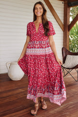 JAASE - Olli Maxi Dress: V Neck Tiered Smock Dress with Short Sleeves in Ruby Rouge Print