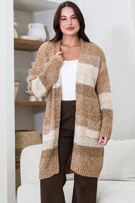 Model wearing Ollie Cardigan in Camel from Salty Crush