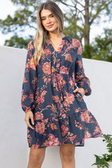 Ollie Mini Dress - Mandarin Collar Pull Tie Waist Dress with Balloon Sleeves and Pockets in Skye Print Navy