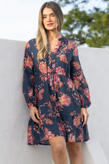 Ollie Mini Dress - Mandarin Collar Pull Tie Waist Dress with Balloon Sleeves and Pockets in Skye Print Navy
