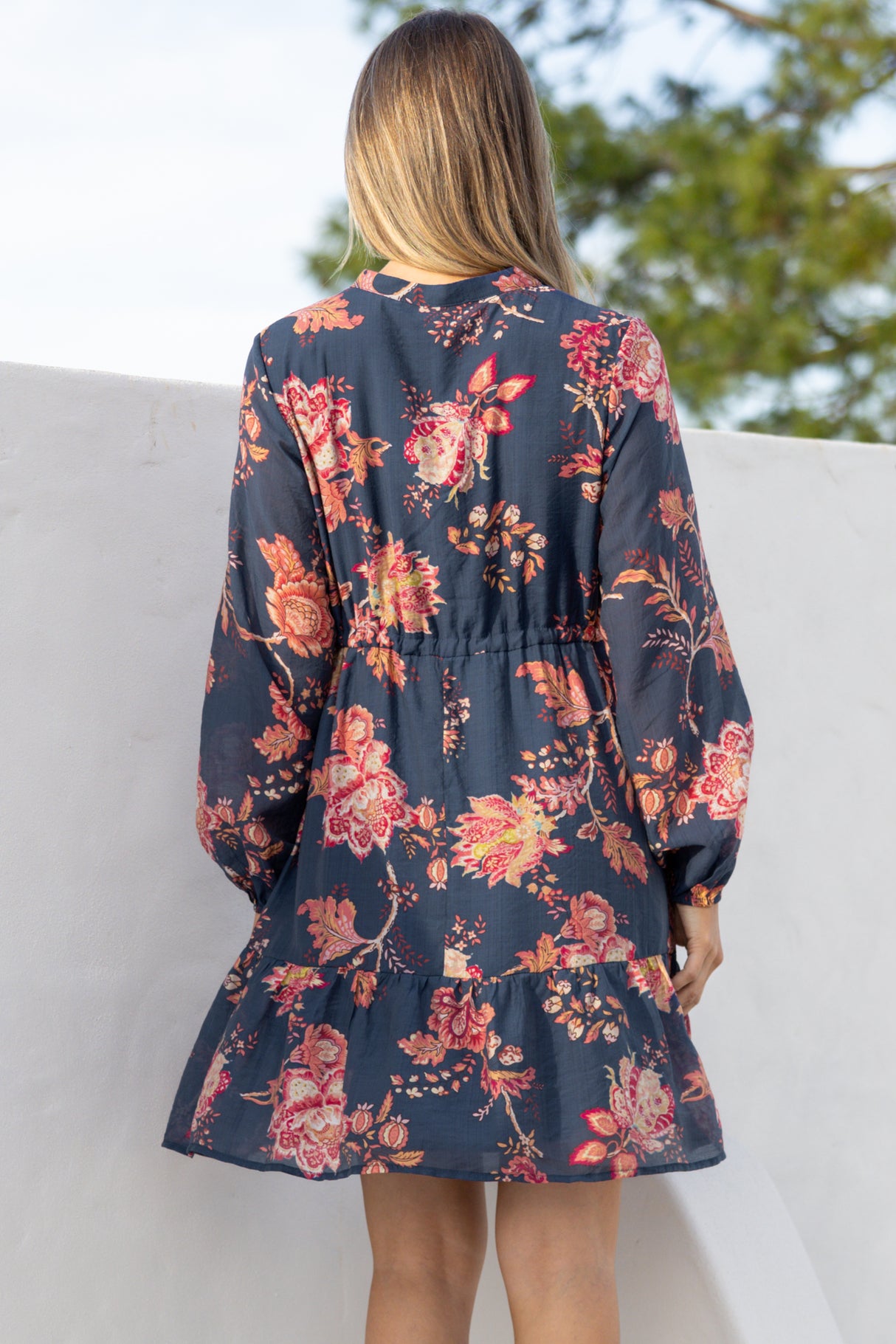 Ollie Mini Dress - Mandarin Collar Pull Tie Waist Dress with Balloon Sleeves and Pockets in Skye Print Navy