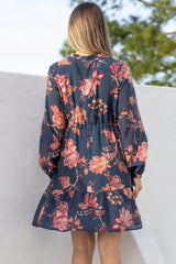 Ollie Mini Dress - Mandarin Collar Pull Tie Waist Dress with Balloon Sleeves and Pockets in Skye Print Navy