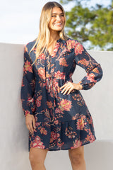 Ollie Mini Dress - Mandarin Collar Pull Tie Waist Dress with Balloon Sleeves and Pockets in Skye Print Navy
