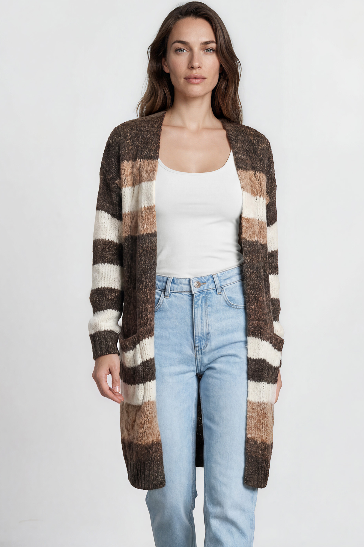 Ollie Cardigan - Open Front Stripe Knit with Pockets in Coffee