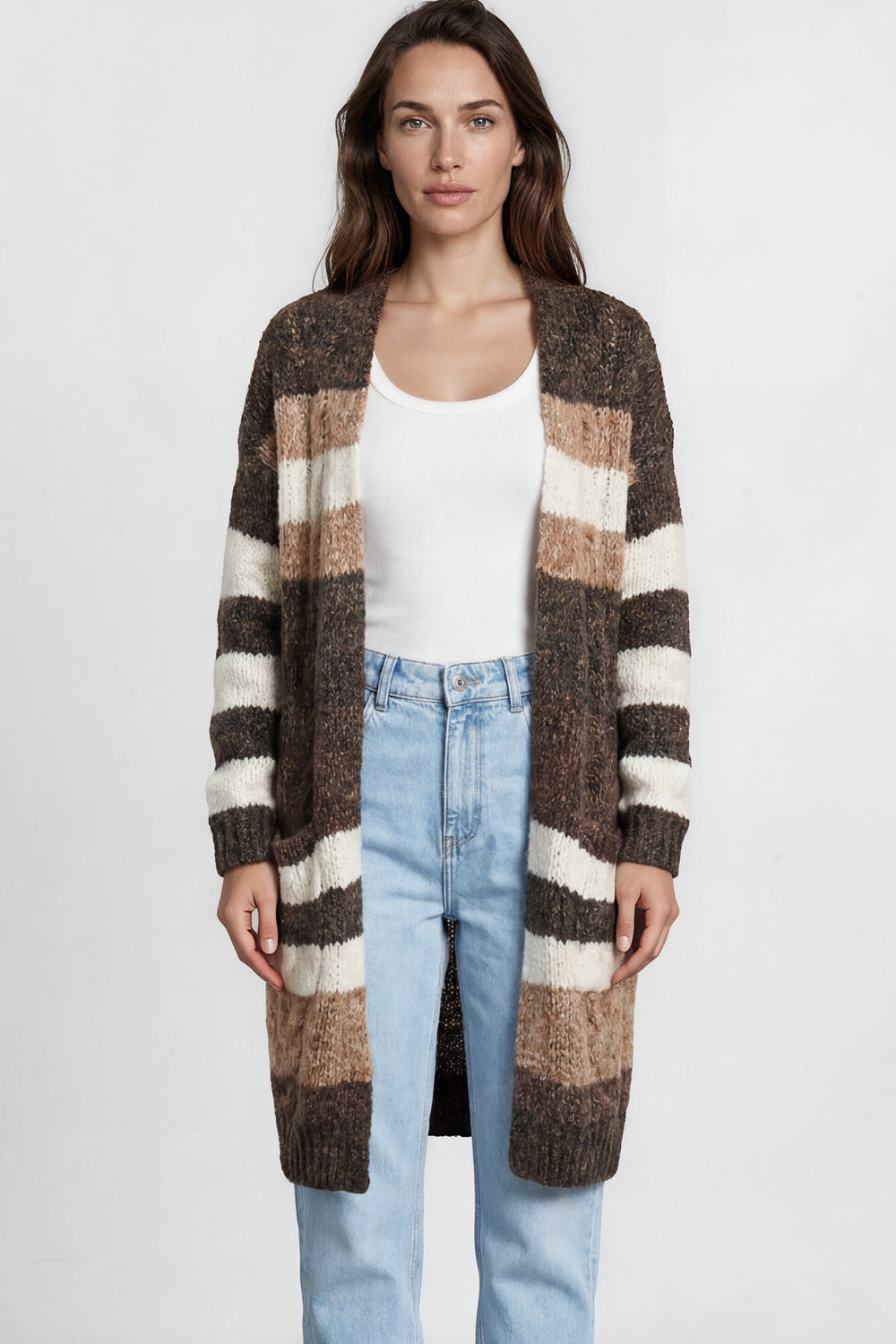 Ollie Cardigan - Open Front Stripe Knit with Pockets in Coffee