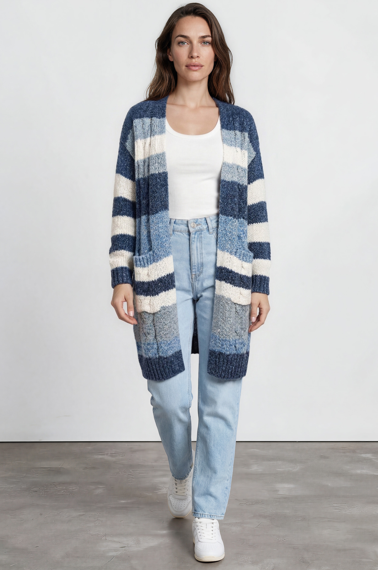 Model wearing Ollie Cardigan in Blue from Salty Crush