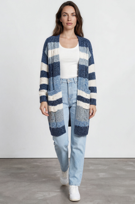 Model wearing Ollie Cardigan in Blue from Salty Crush