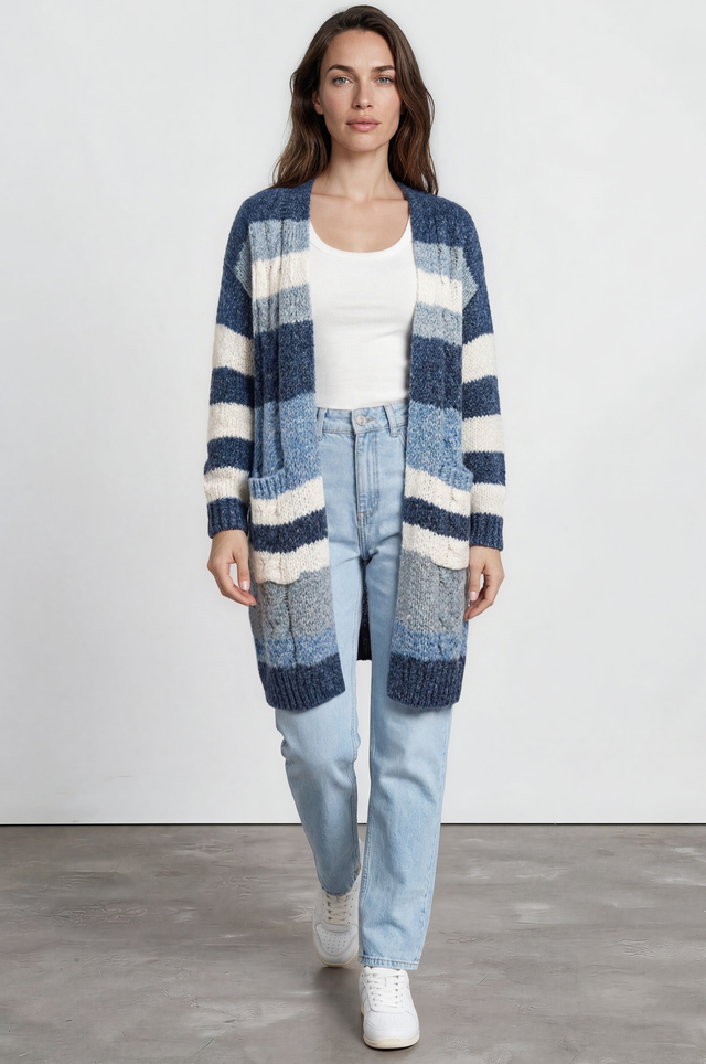 Model wearing Ollie Cardigan in Blue from Salty Crush