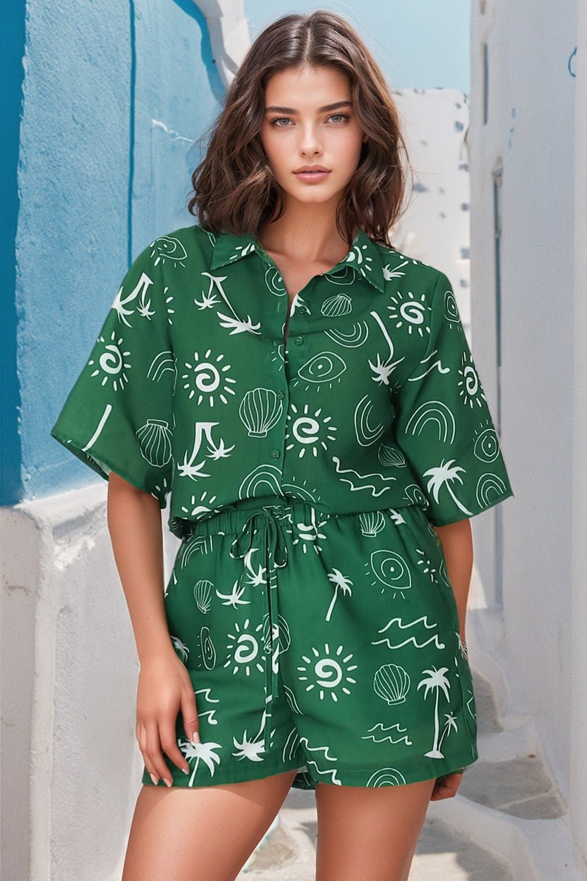 Talitha Button Up Shirt And Shorts Set - Maui Print in Green