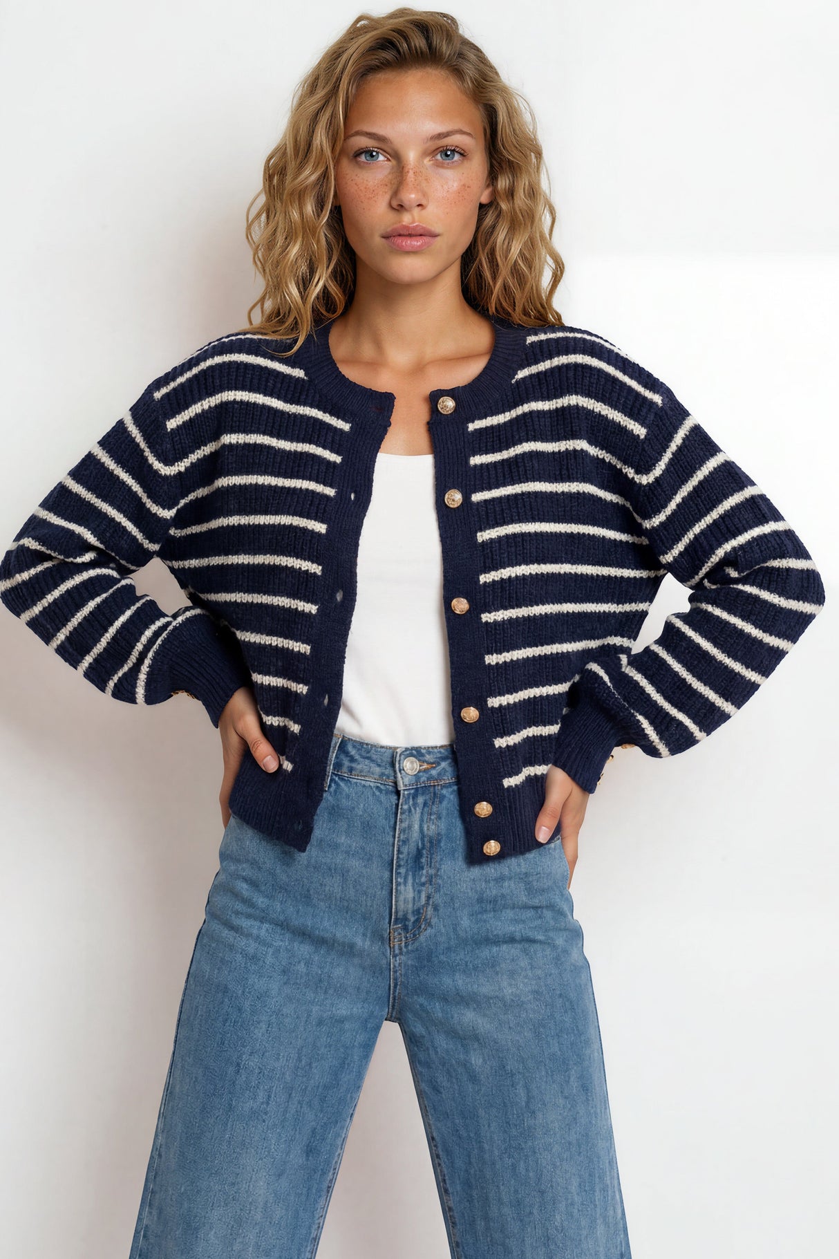 Model wearing Opal Cardigan in Navy from Salty Crush