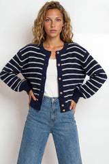 Model wearing Opal Cardigan in Navy from Salty Crush