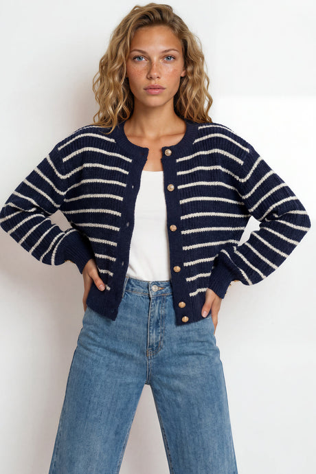 Model wearing Opal Cardigan in Navy from Salty Crush