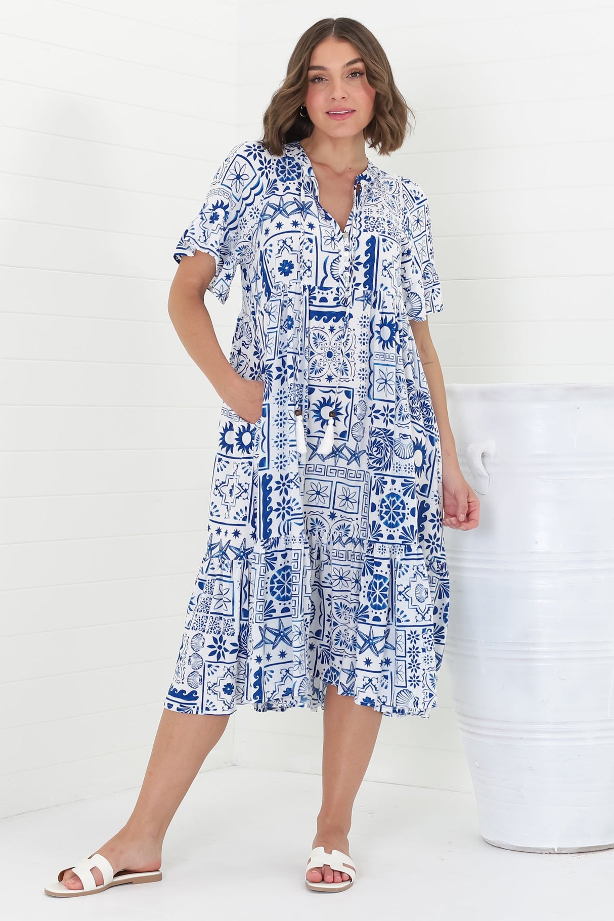 Orla Midi Dress - Mandarin Collar Smock Dress in Aine Print Blue