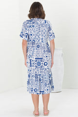 Orla Midi Dress - Mandarin Collar Smock Dress in Aine Print Blue