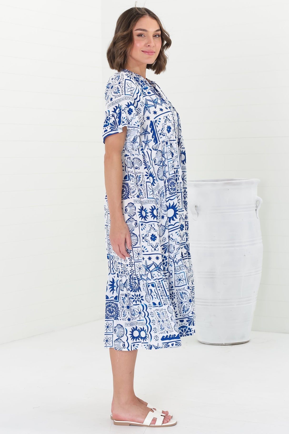 Orla Midi Dress - Mandarin Collar Smock Dress in Aine Print Blue