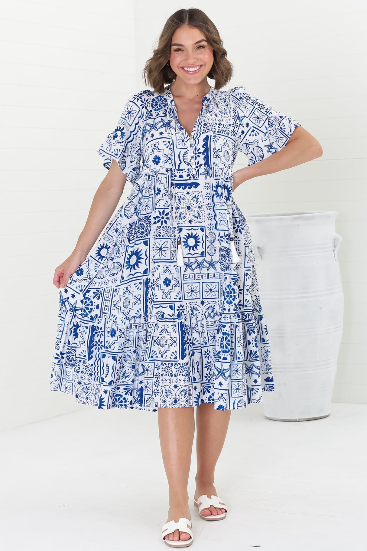 Orla Midi Dress - Mandarin Collar Smock Dress in Aine Print Blue