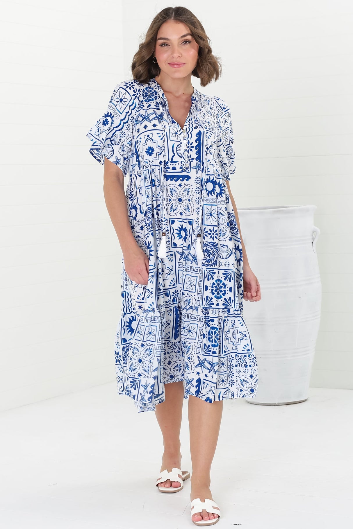 Orla Midi Dress - Mandarin Collar Smock Dress in Aine Print Blue